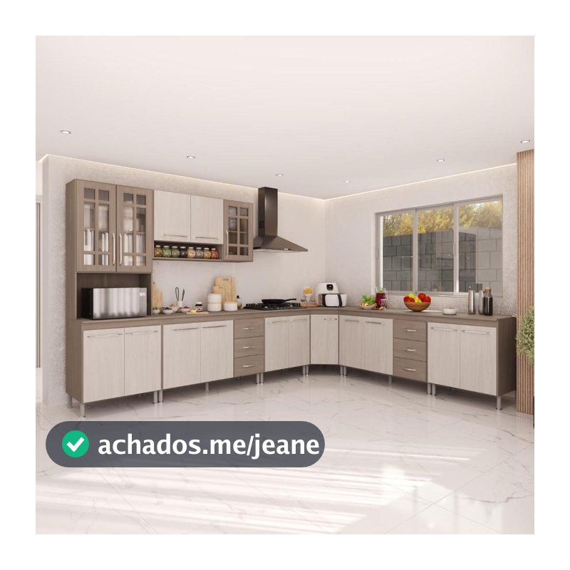 Armário de Cozinha Modulada Completa de Canto Fidelitá Paris 7 Peças 600cm 16 Portas 6 Gavetas Com Tampo Nogal/Salinas