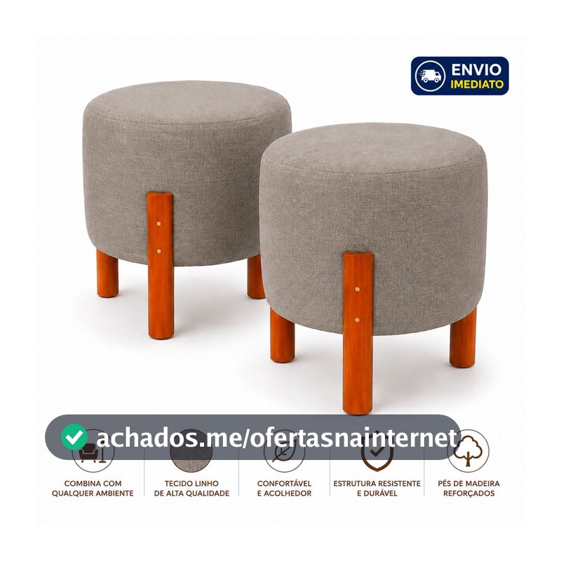 Kit 2 Puffs Redondos Decorativos com Pés de Madeira Linho Cinza para Sala e Quarto