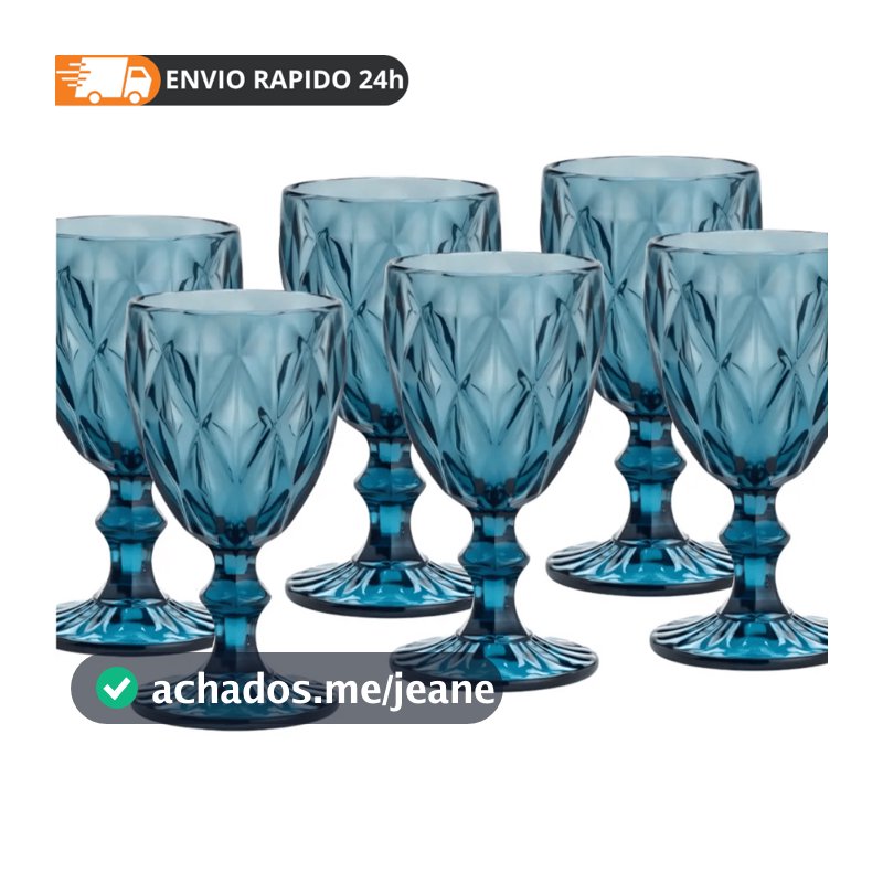 Taças de Vidro Azul 340ml Praticasa Diamonds para Vinho e Bebidas - 6 Peças