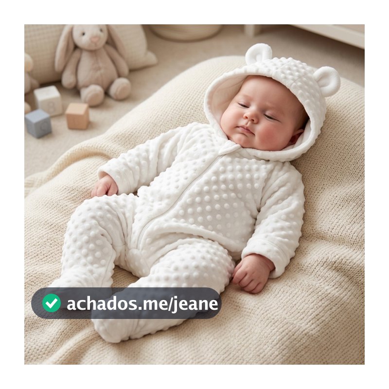 Macacão Bebê Soft Pelúcia Pipoquinha Com Capuz E Zíper Urso Inverno Fleece Quentinho Roupa De Frio