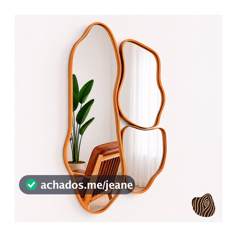 Kit 3 Espelhos Slim Orgânicos Moldura Amadeirada Assimétricos Para Casa Sala Escritório