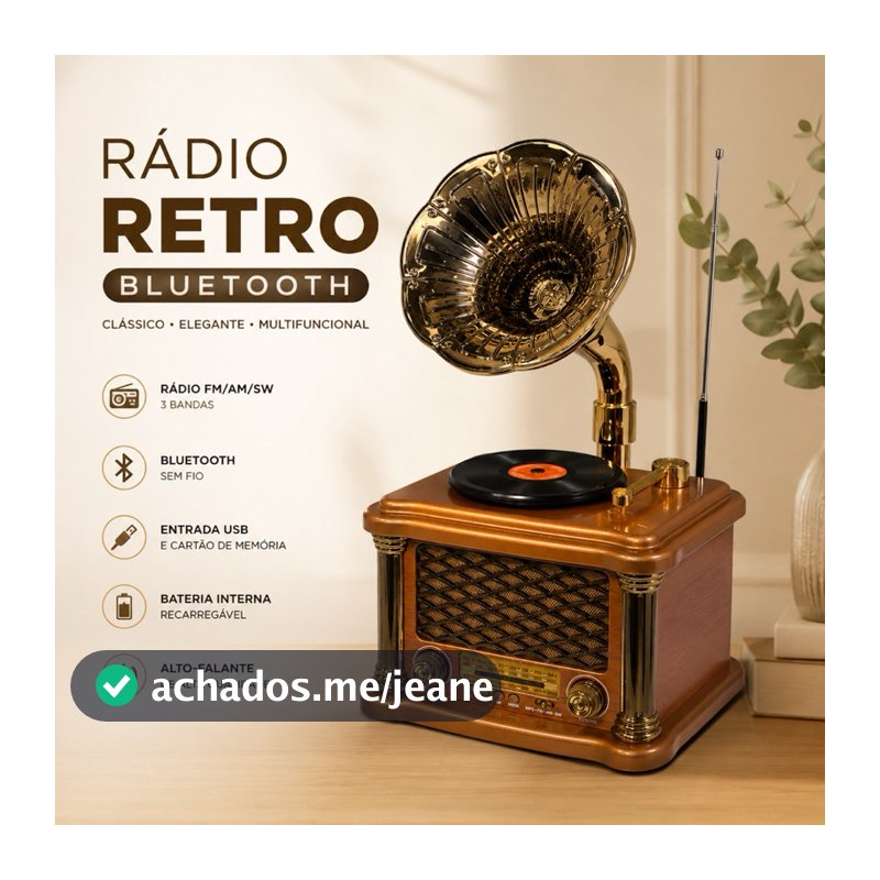 Rádio Vintage Bluetooth Retrô Estilo Toca Discos FM AM USB Bateria Recarregável