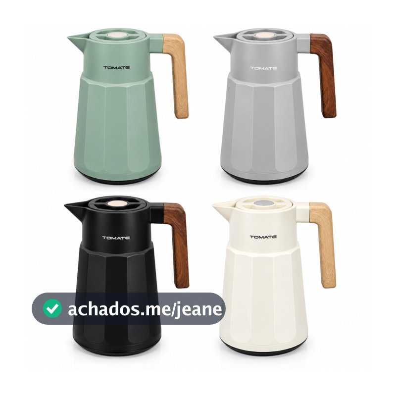 Garrafa Térmica 1 Litro para Café e Chá Ampola de Vidro Corpo Geométrico Alça Efeito Madeira