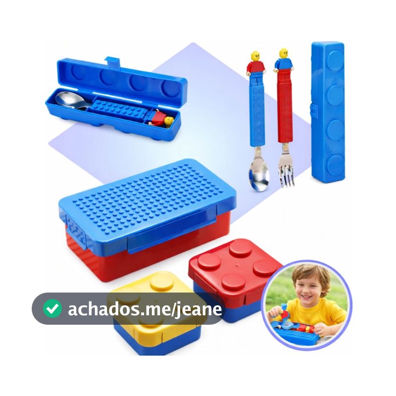 Conjunto Infantil Marmita Lancheira Lego E Talheres Montável Azul/vermelho Peça De Montar Colorido