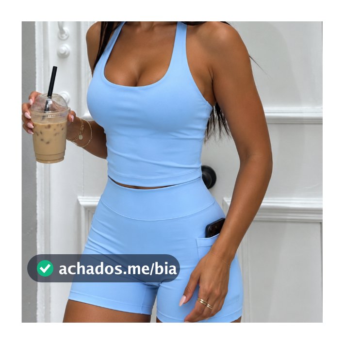 Conjunto Fitness Feminino Yoga Top Frente Única + Shorts Modelador Cintura Alta com Bolso Fit Power P ao GG academia