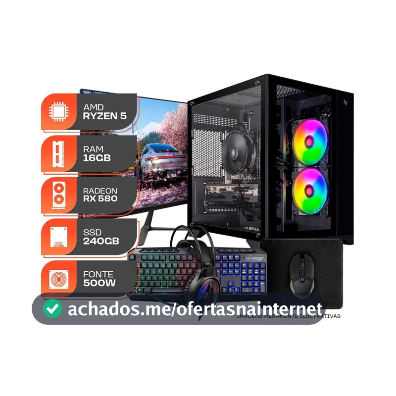 PC Gamer Forge, AMD Ryzen 5 5500, RX 580 8GB, 16GB DDR4, SSD 240GB, Completo com Monitor 23" 144Hz e Periféricos