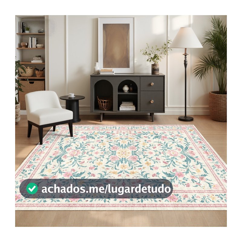 Tapete Sala Quarto 1,00x1,40 Floral Antiderrapante Lavável Macio Aveludado Estampado Decorativo Abelle Casa