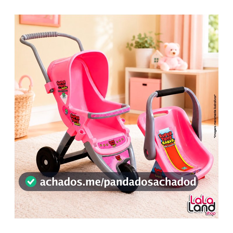 Kit Carrinho De Passeio 3 Rodas Super Toys Rosa Para Boneca Infantil Com Haste Removível Bebê Conforto