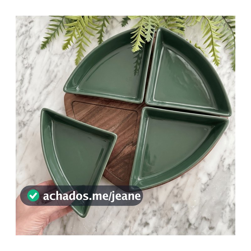 Petisqueira Cerâmica Verde Tábua Madeira 28cm com Prato Bandeja 4 Bowls Removíveis Jogo Servir Luxo