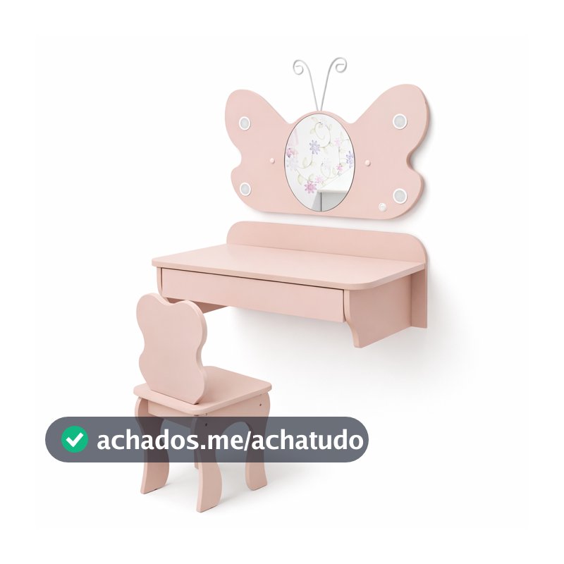 Penteadeira Infantil Em MDF Iluminação LED Embutido Espelho Banqueta Inclusa Criança Quarto Rosa