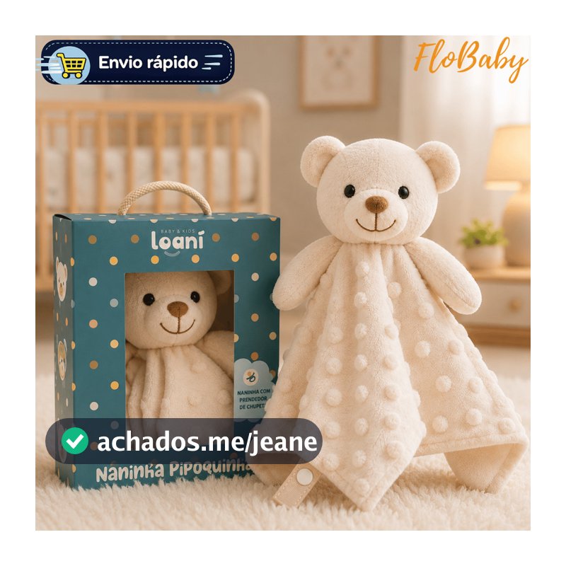 Naninha Bebê Ursinho Pipoquinha com Prendedor de Chupeta - Pelucia Urso Hipoalergenica