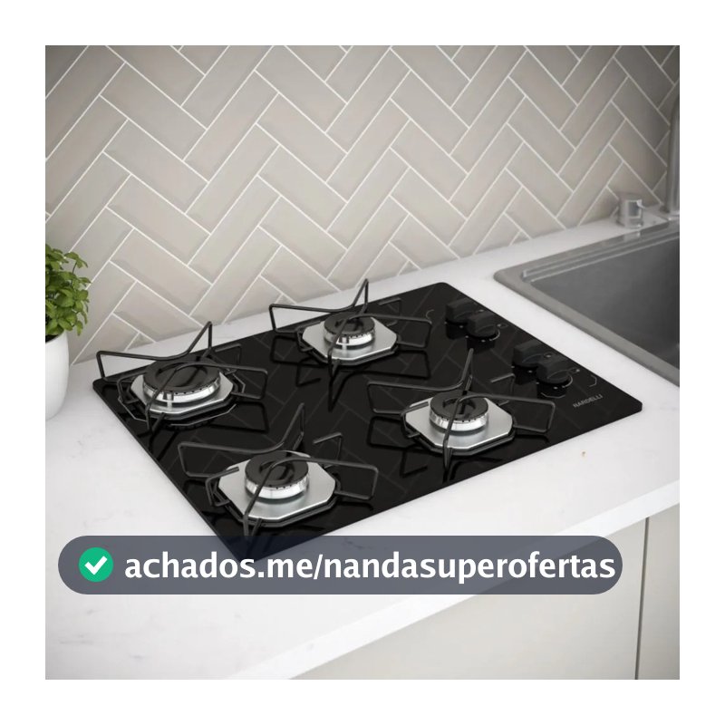 Fogão Cooktop Fogatti à Gás Ori 4 Bocas Vidro Preto Flange Inox Bivolt - Acendimento automático