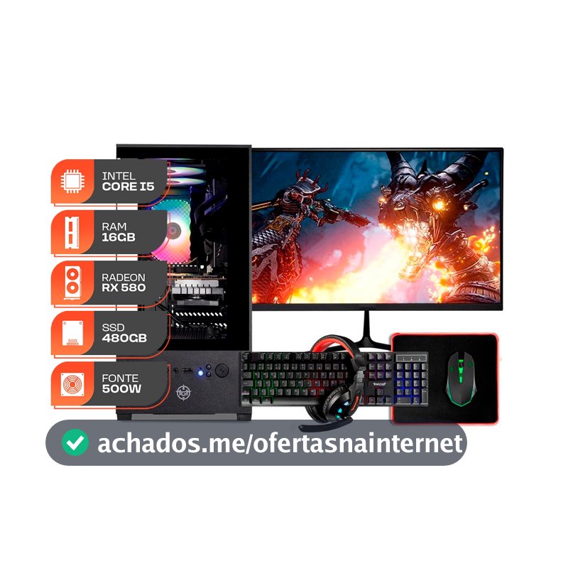 PC Gamer Forge, Intel Core i5, RX 580 8GB, 16GB DE RAM, SSD 480GB, Completo com Monitor e Periféricos