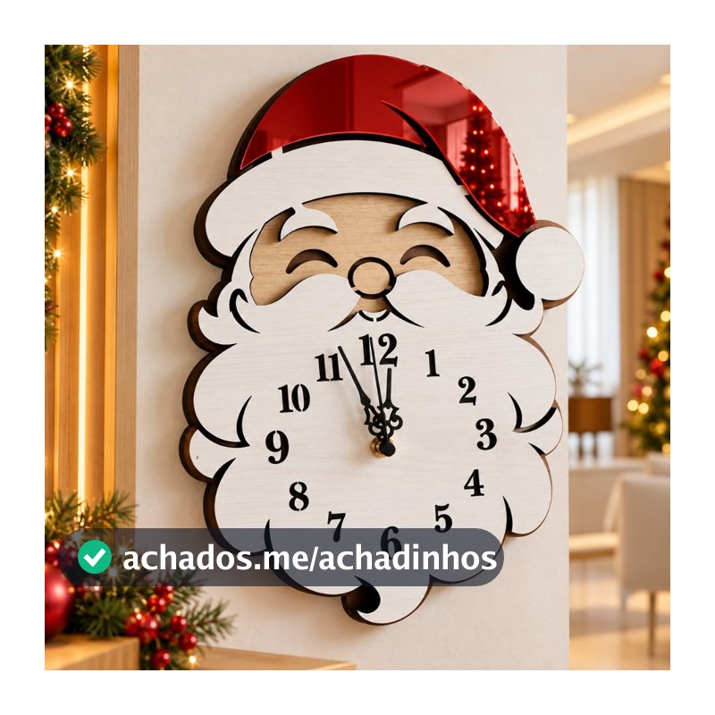 Relógio de Parede de Natal Papai Noel em Madeira Para Sala e Cantinho de Natal 35x26cm