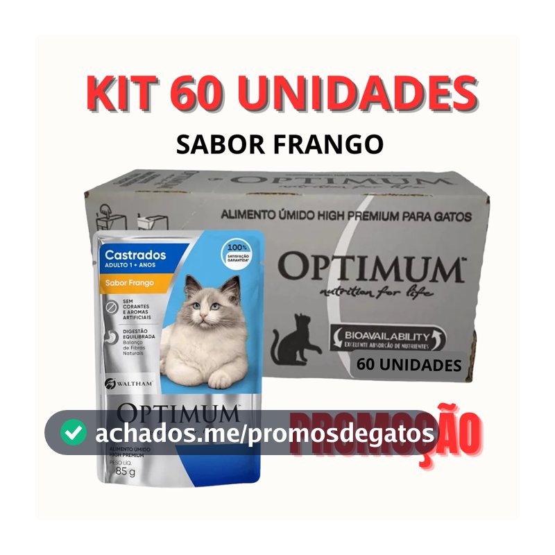 OPTIMUM SACHÊ GATO SABOR FRANGO CASTRADOS 85G PROMOÇÃO KIT 60 UN
