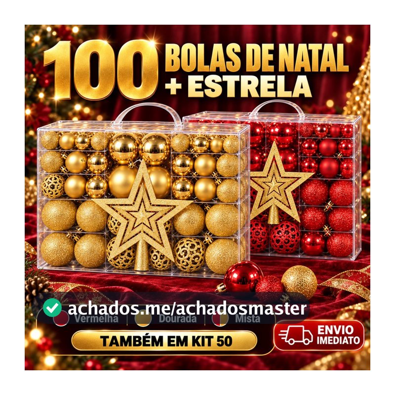 Kit 100 Bolas de Natal E Estrela Ponteira Decoração Enfeite Árvore Fosca Glitter Vermelha Dourada