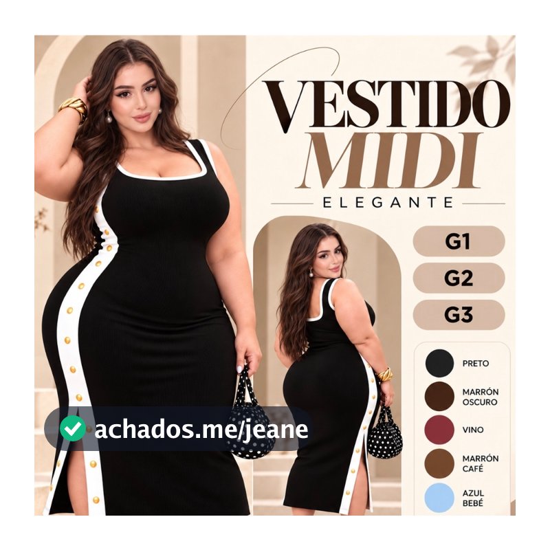 Vestido Plus Size Feminino Longo Canelado Justo Tubinho Regata Bicolor Fenda Laterais Botões G1 G2 G3