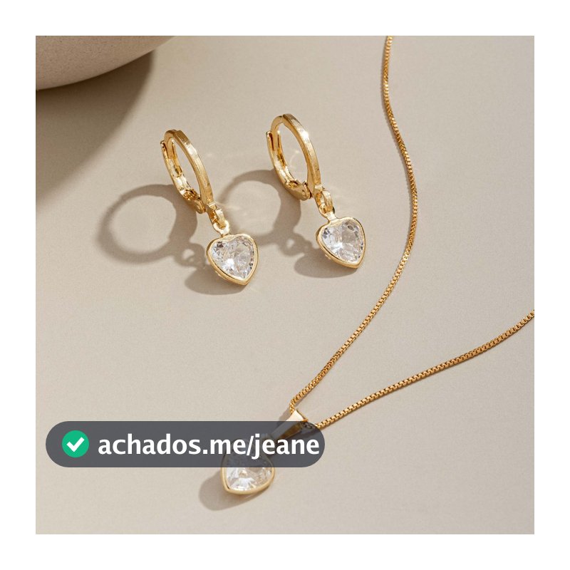 Conjunto Brinco e Colar Coração Cristal Banhado Ouro 18K