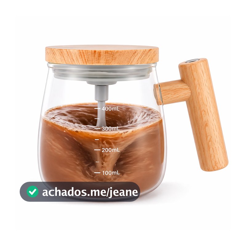 Caneca Elétrica Misturadora Mixer Automática USB 400ml Vidro Madeira | Prática Para Café Whey Shake Cappuccino Premium