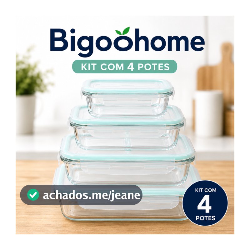 KIT COM 04 POTES DE VIDRO COM TAMPA HERMÉTICA VEDAÇÃO - IDEAL PARA ALIMENTOS - FREEZER / MICROONDAS