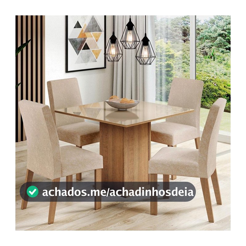 Conjunto Sala de Jantar Mesa Tampo de Vidro com 4 Cadeiras Rustic/Crema/Imperial Madesa Evelin