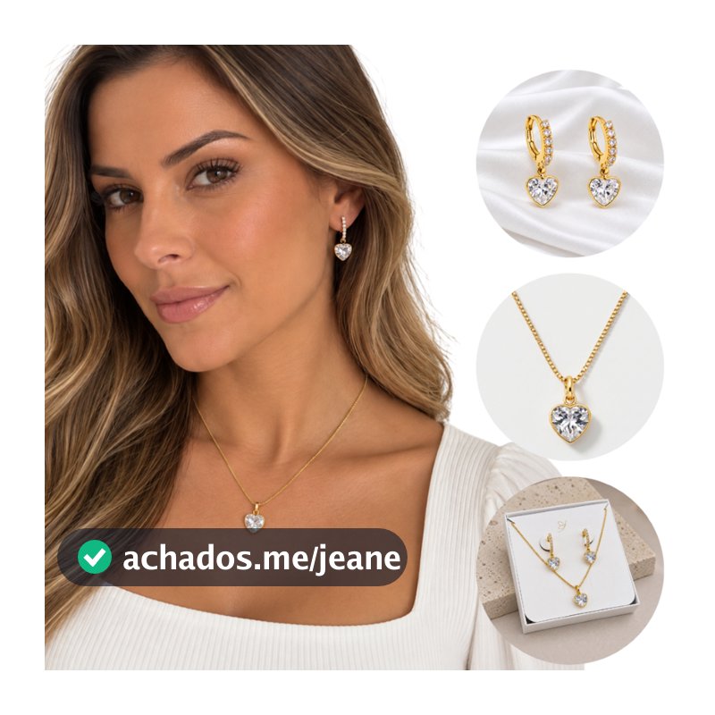 CONJUNTO FEMININO BRINCO CLICK E COLAR CORAÇÃO ZIRCONIA