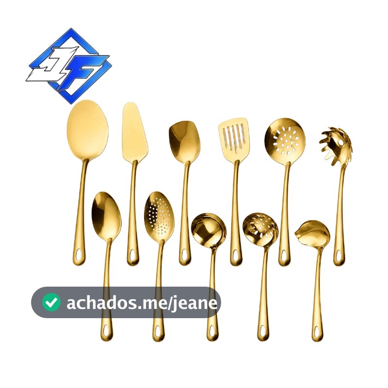 Kit 4/11 Peças Utensílios de Cozinha em Aço Inoxidável Dourado - Espátula, Colher, Concha, Escumadeira, Pegador de Pizza