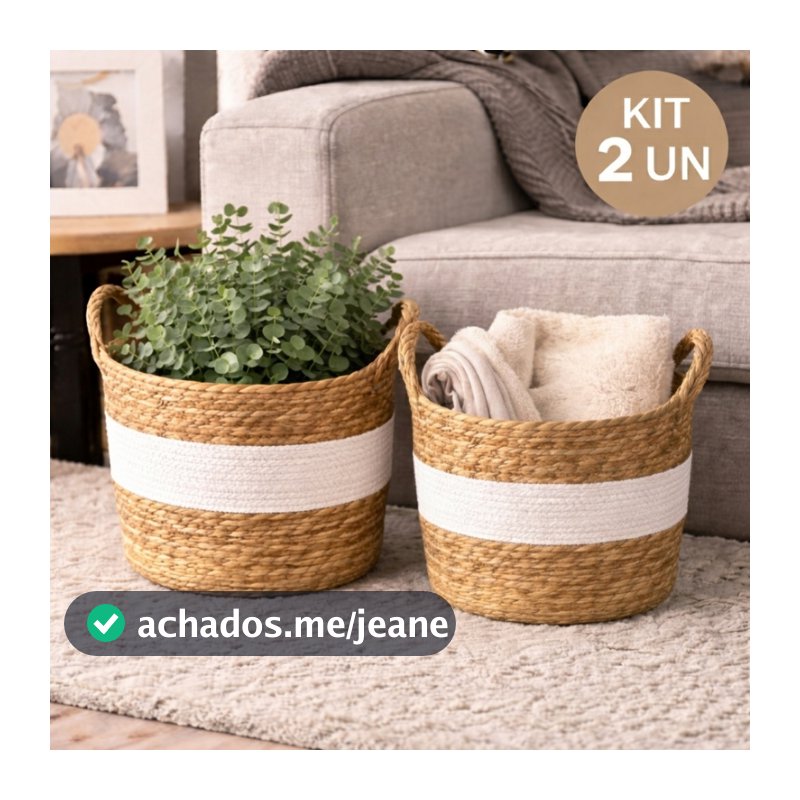 Cesto de Fibra Natural com Alça 30x20cm Organizador Decorativo Boho Detalhe Branco