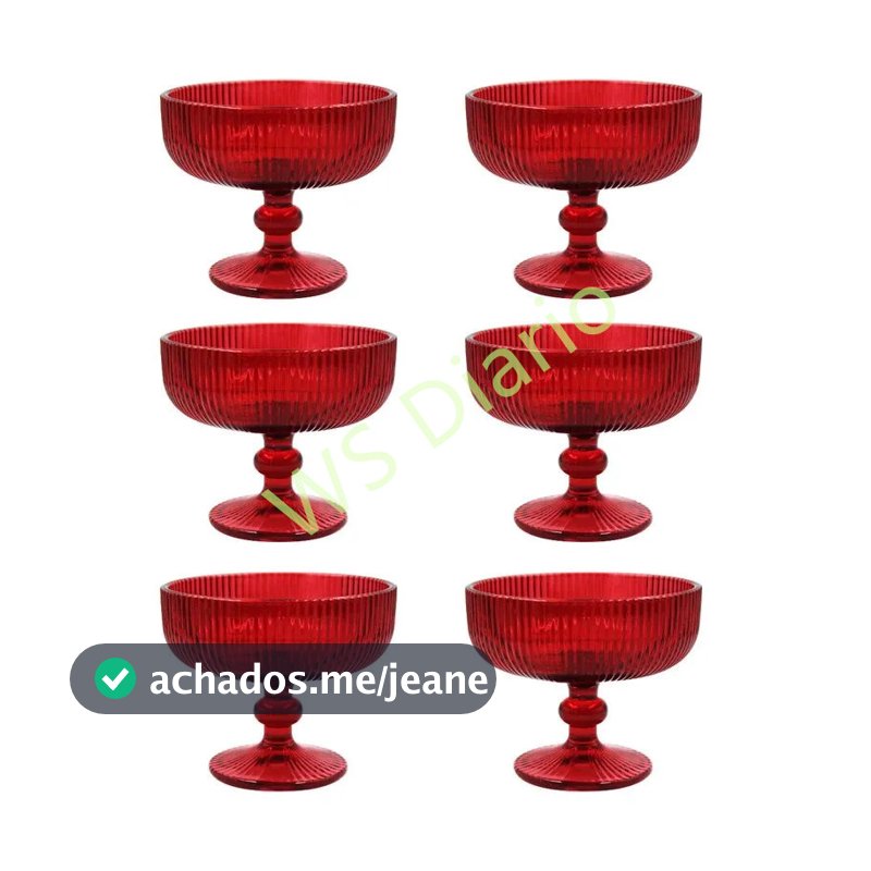 Jogo 6 Taças Sobremesa Versalhes 310ml Rubi Vidro Canelado Luxo Elegante
