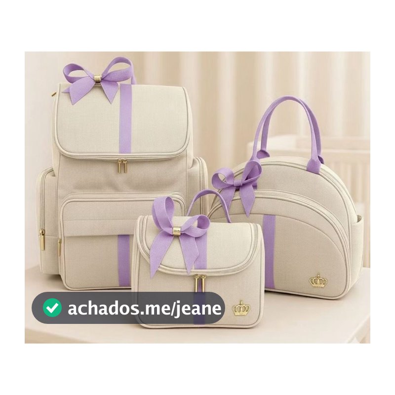 kit Maternidade Bebe Bolsa Bege/Lilas Mochila Luxo Laço 3 bolsas Marfim