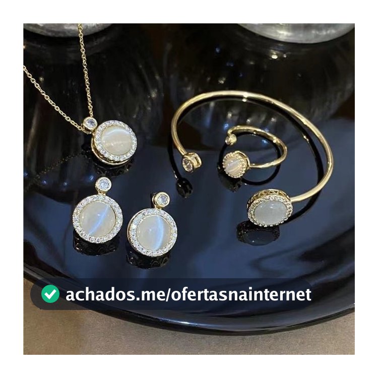 Conjunto de Joias Femininas Luxo Pedra Olho de Gato 4 Peças Colar Brinco Pulseira Anel Banhado a Ouro/Prata/Rose Elegant