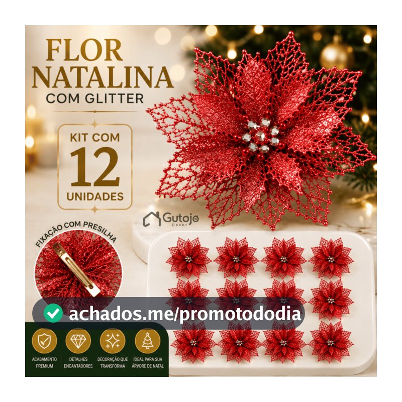 Kit 12 Flores de Natal Artificial com Glitter Enfeite para Árvore Decoração Natalina