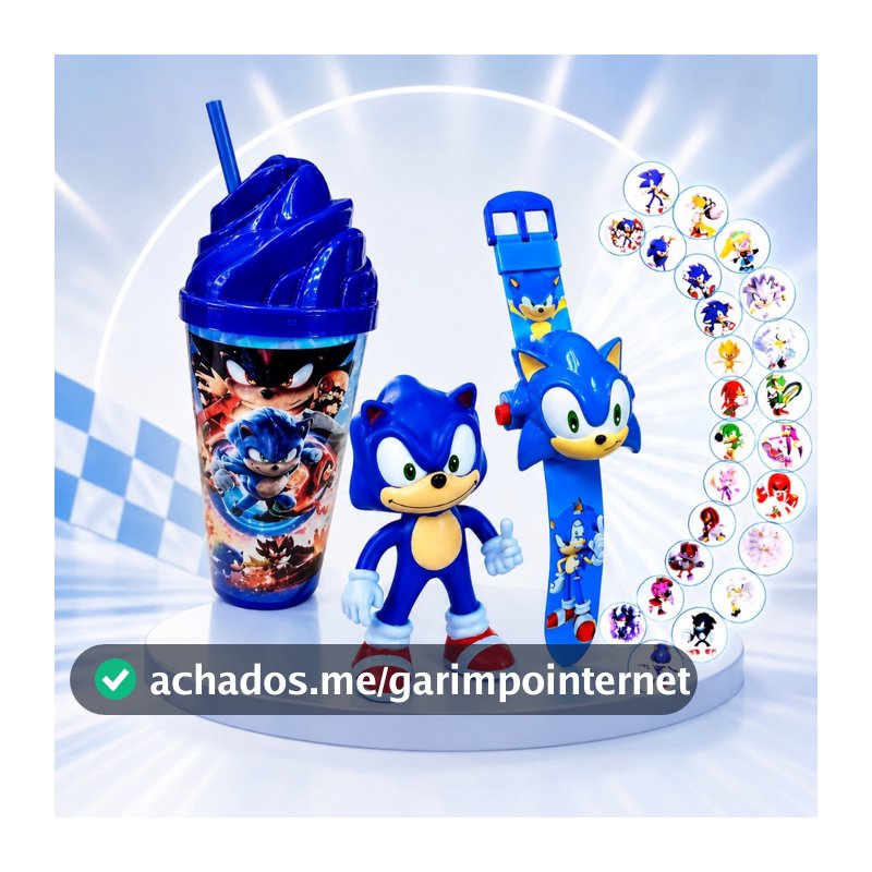 Kit Sonic Relógio Projeto + Copo Com Boneco Infantil Criança