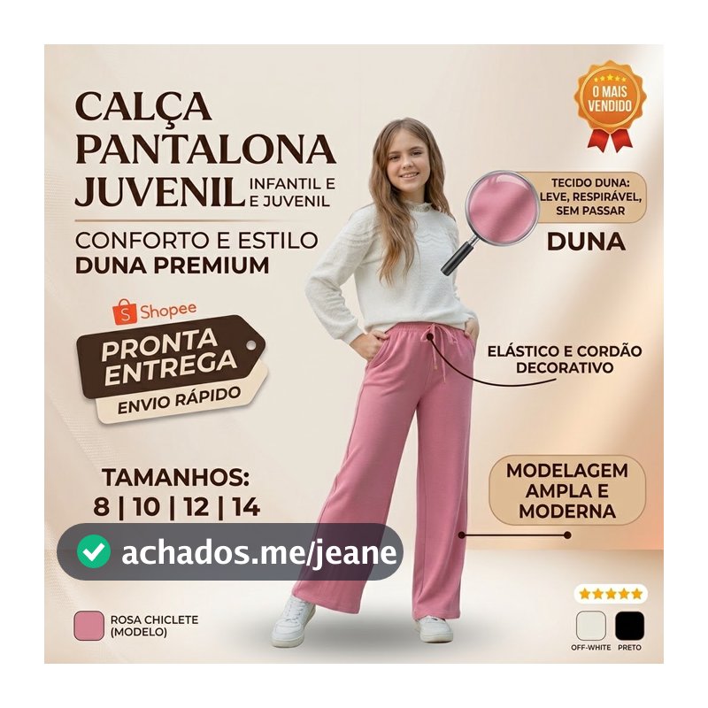 Calça Pantalona Infantil e Juvenil Duna. Femenina Soltinha Roupa Menina Princesa com Bolsos e Elástico na Cintura
