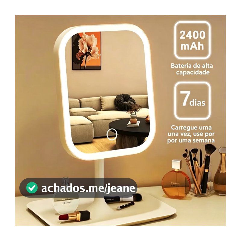 Espelho LED de Mesa Touch Recarregável USB para Maquiagem com Base Porta Objetos e 3 cores de luz