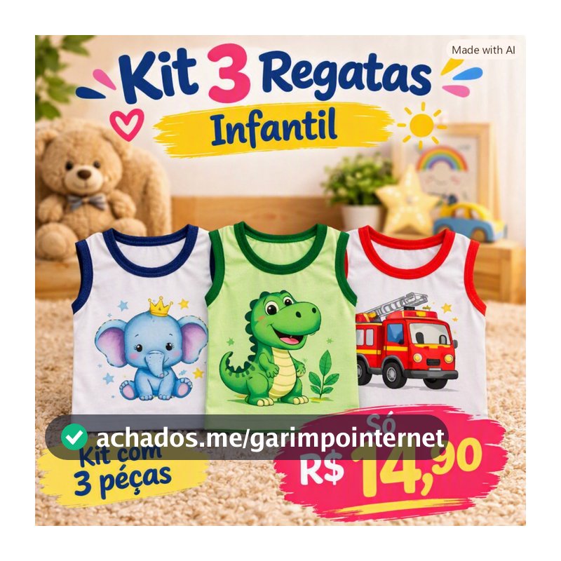 Kit 3 Regata Bebê Sem Manga Leve Fresca Confortável Verão Roupa Infantil Menino Menina Unissex Estampada RN a 1 Ano