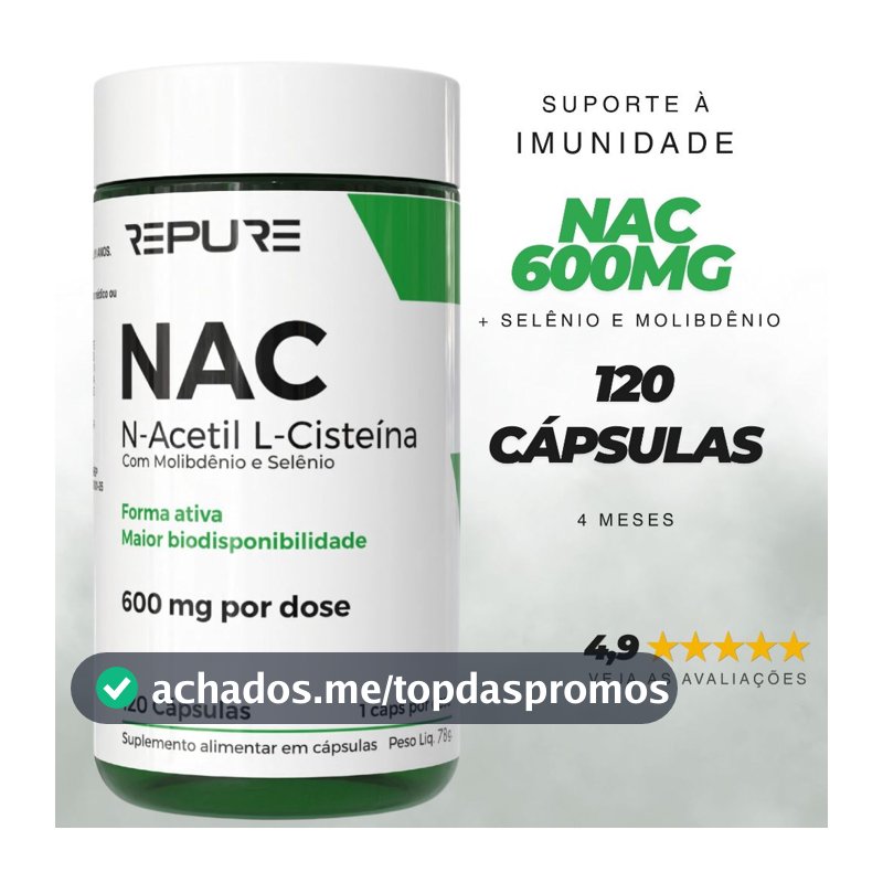 Nac N-acetil L-cisteína 600mg Molibdênio + Selênio Original 120 Cápsulas (4 Meses)