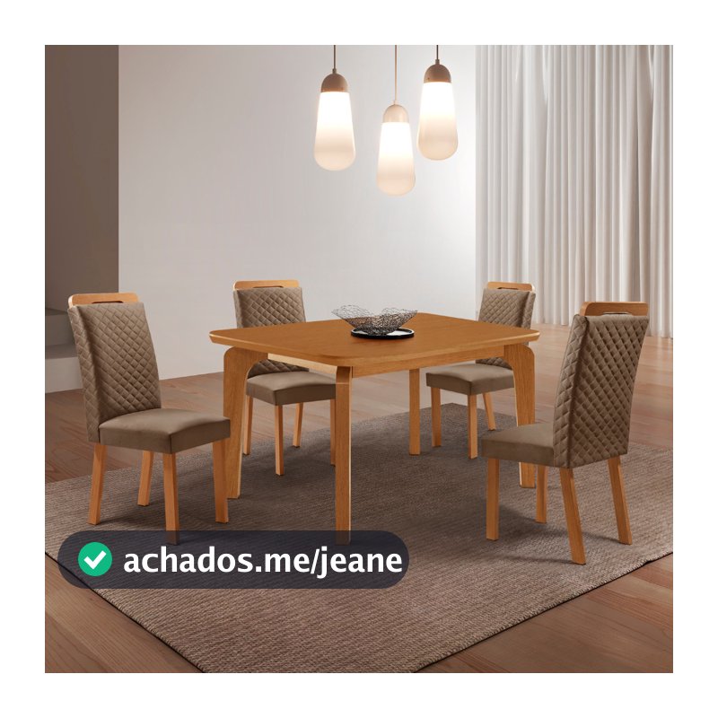 Mesa de Jantar Liz 120cm Tampo MDF Laminado Canto Copo com 4 Cadeiras Lorena