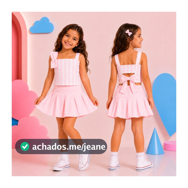 Conjunto Infantil Feminino Rosa Detalhes com Laço nas Costas e Alça Festa Kids 2 a 10 Anos Meninas