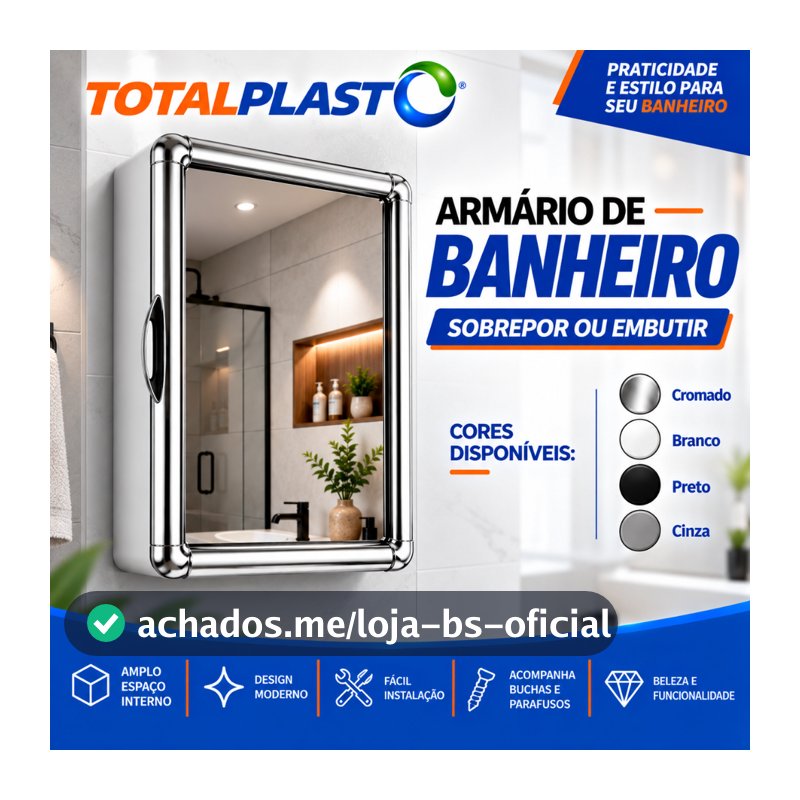Armário Plástico Banheiro Espelho Vidro 2mm Moldura Cromada Branco Preto Sobrepor Embutir Parafusos e Buchas Espelheira