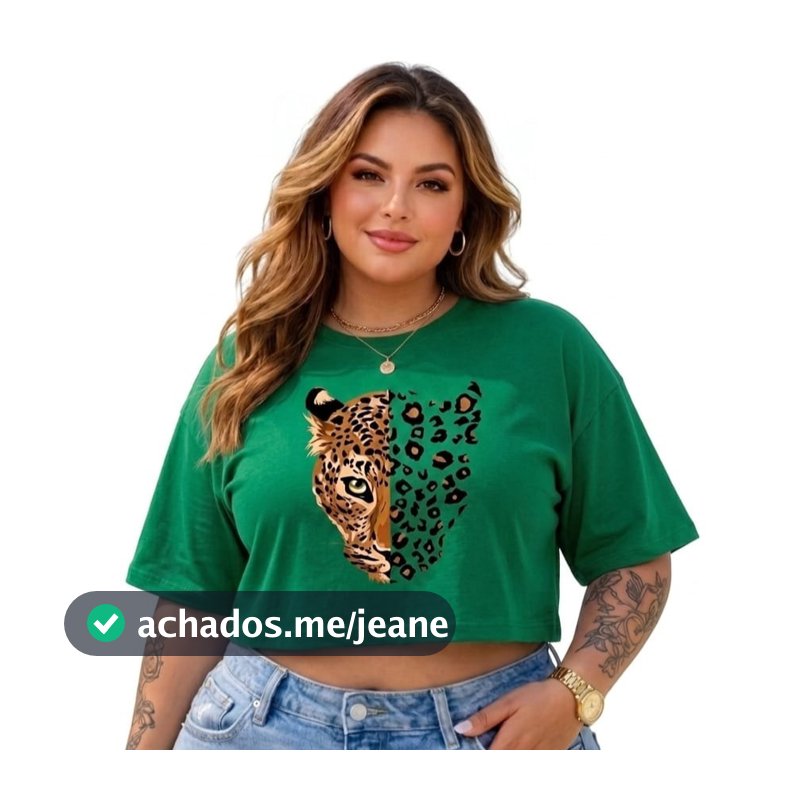 Cropped Plus Size Onça Blusa Plus Size 100% Algodão T-Shirt Feminina Tendência Onça