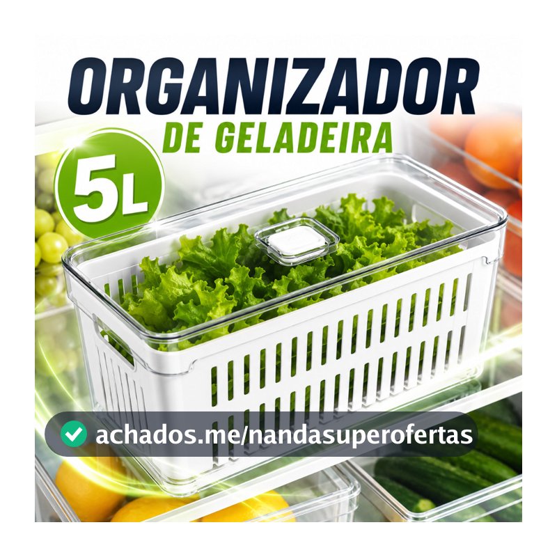 Organizador de Geladeira 5L com Cesto De Drenagem ou Organizador de Ovos Tampa Clear Fresh Acrílico Frutas Legumes