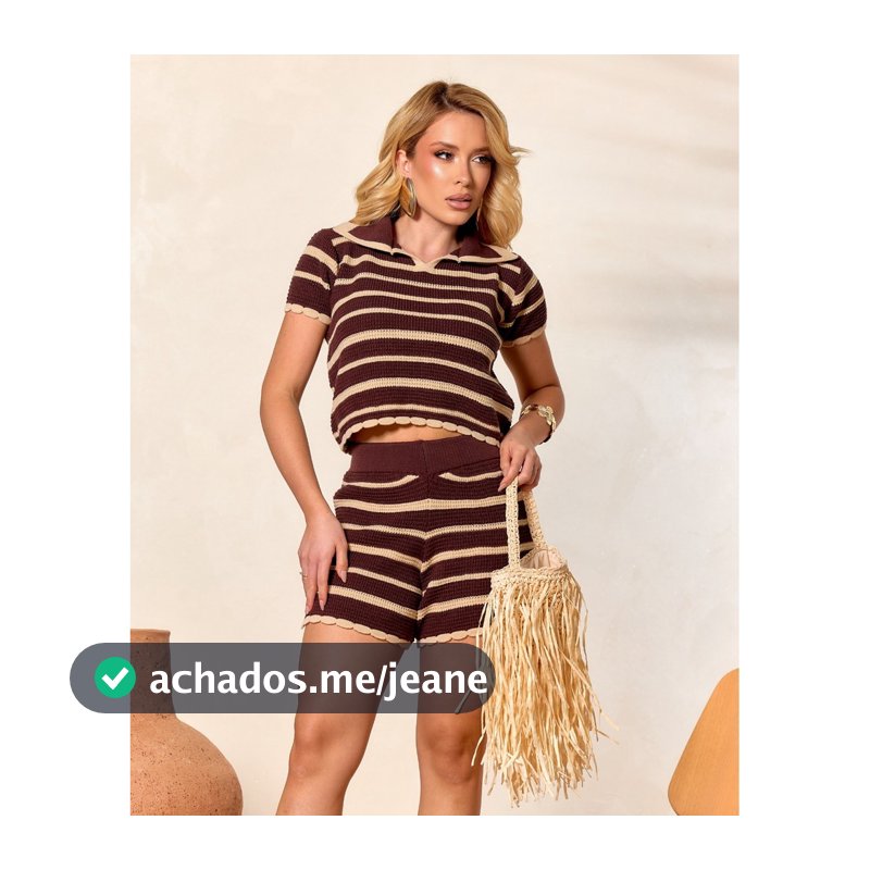 Conjunto Feminino Tricot  Modal Listrado Blusa Cropped Gola Polo e Shorts Manga Curta Tendencia  Verão 2026