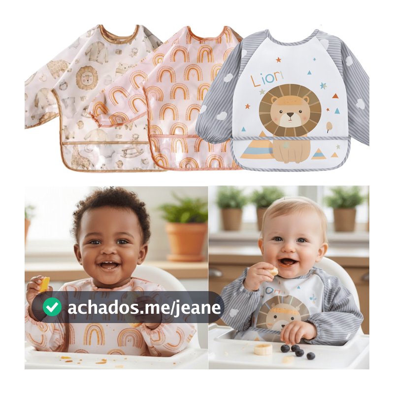 Babador Impermeável com e sem Mangas para Bebê BLW Introdução Alimentar Cata Migalhas Menino Menina