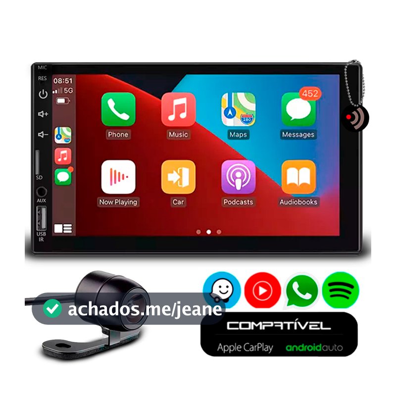 Kit Multimídia 7 Polegadas CarPlay e Android Auto Bluetooth Usb Full Touch + Câmera de Ré Universal Preta