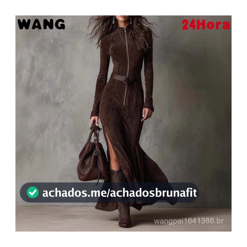 Vestido Longo Elegante de Cor Sólida com Zíper e Gola Alta para Mulheres