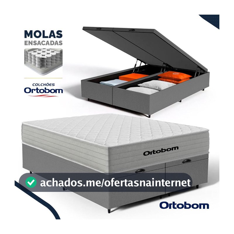 Cama Box Baú com Colchão de Molas Ensacadas Ortobom One Face Plenno Superpocket Queen 158cm