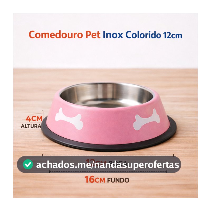 Comedouro Pet Inox Colorido 12cm Antiderrapante para Cães e Gatos Ração e Água Bebedouro Cachorro