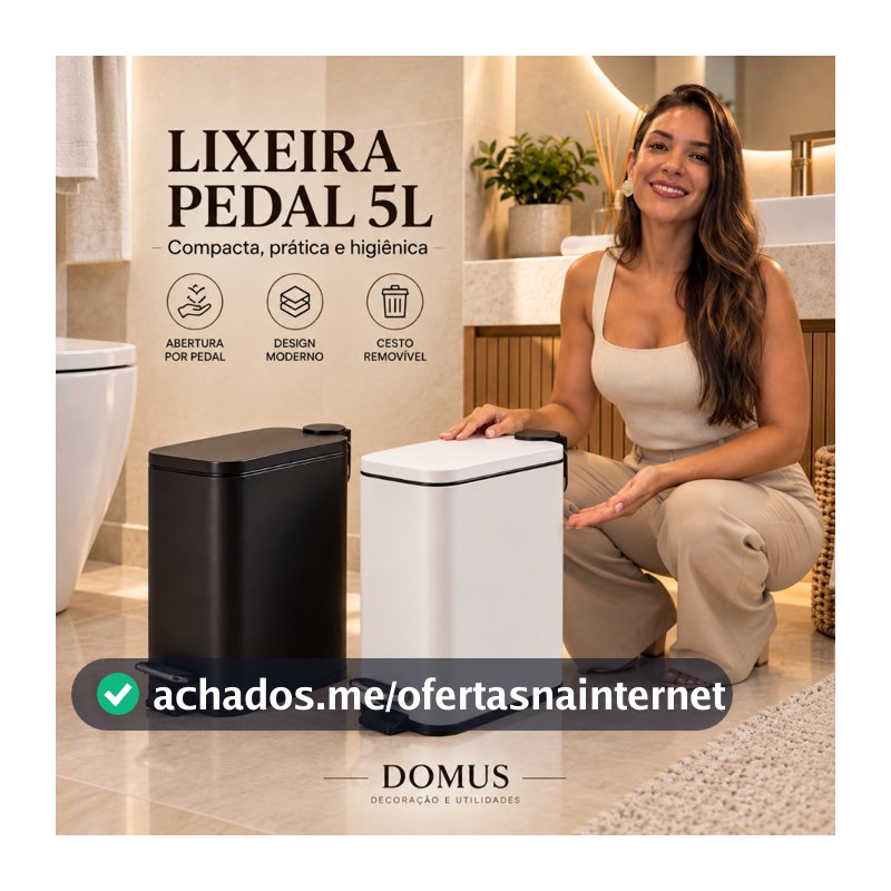 Lixeira 5 Litros com Pedal Amortecedor Banheiro Cozinha Escritório Preta Branca Compacta Moderna
