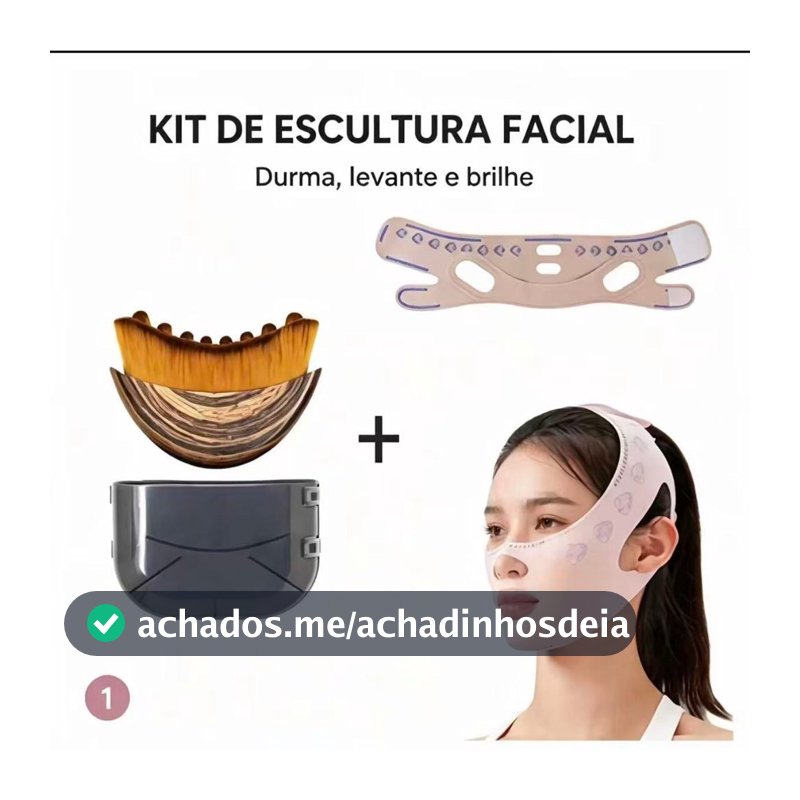 Kit Escultura Facial Máscara Lifting V-line + Escova de Massagem em Madeira, Acessórios para Drenagem e Contorno Facial